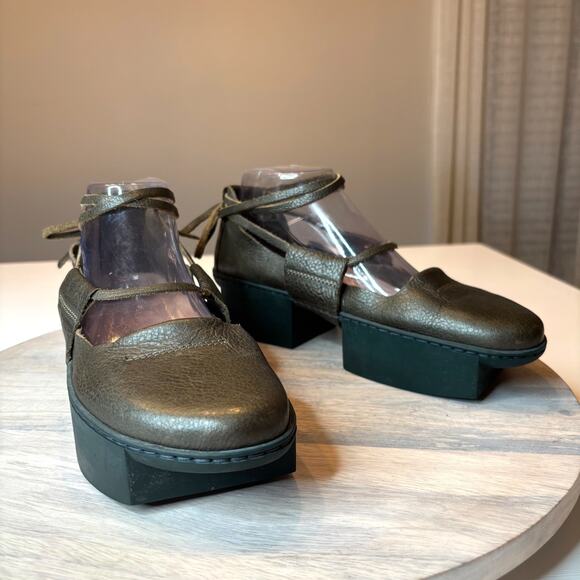 Trippen Olive Leather Ankle Strap Shoes EU 39 Chunky Block Heels Platform US 8 - Picture 2 of 10